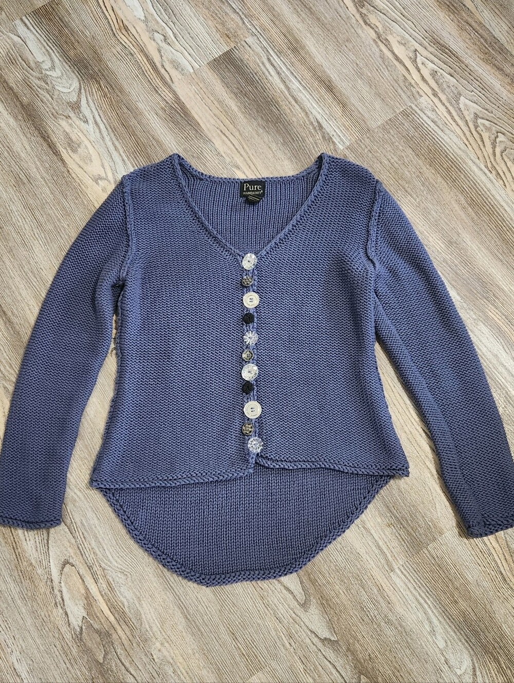 Pure Handknit Cotton Mixed Button Sweater Blue High Low Womens S/M Chunky Knit